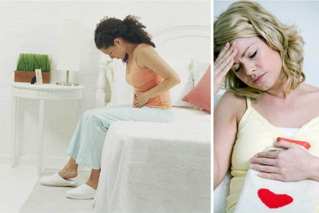 Two women suffering from menstrual period sitting on the bed