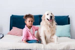 dog in bed with child